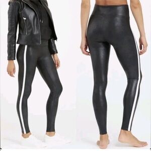 SPANX Faux Leather Side Stripe Black Leggings High Rise Pants Size L